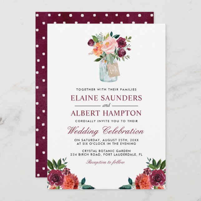 Burgundy Blush Pink Flowers Mason Jar Wedding Invitation (Front/Back)