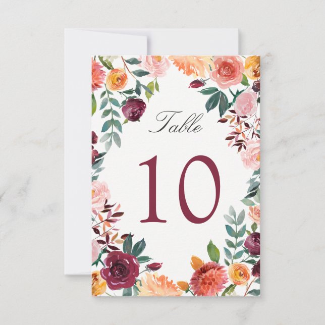 Burgundy Blush Pink Flowers Wedding Table Number (Front)