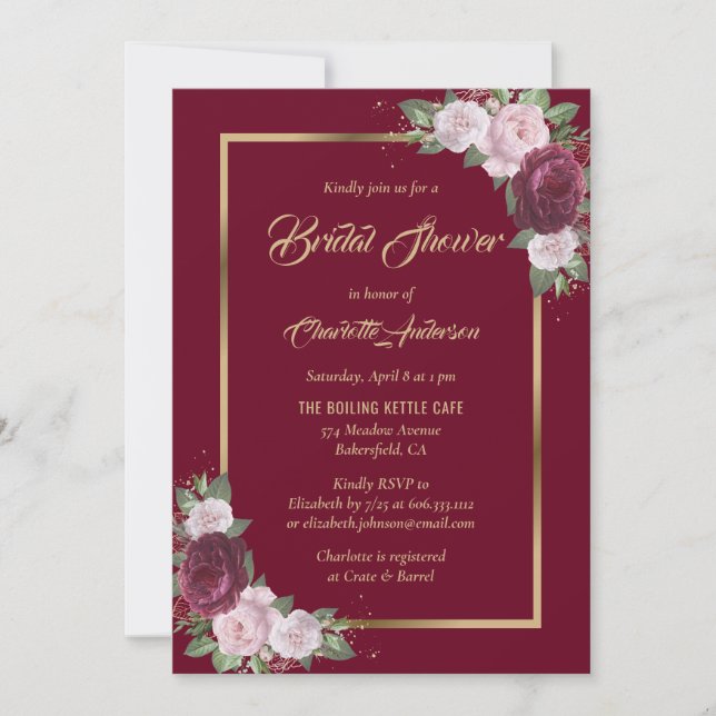 Burgundy Blush Pink Gold Bridal Shower Invitations (Front)