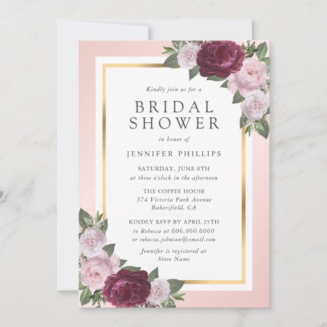 Burgundy Blush Pink Gold Floral Bridal Shower Invitation (Front)