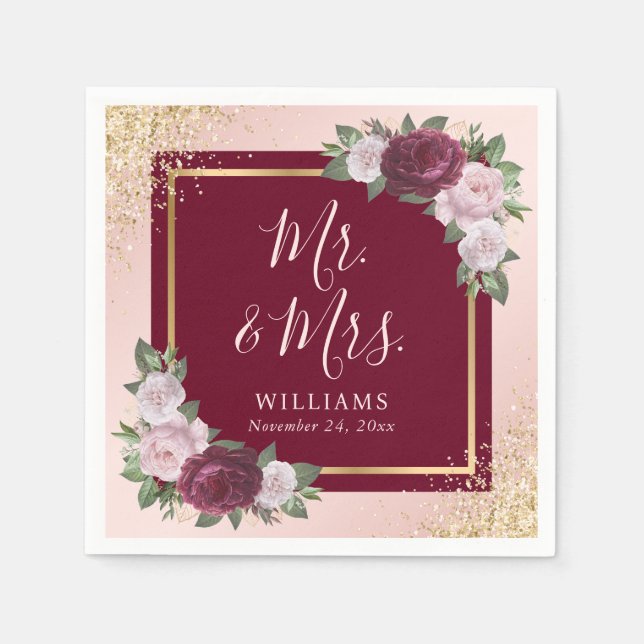 Burgundy Blush Pink Gold Floral Mr & Mrs Wedding Napkin (Front)
