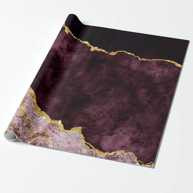 Burgundy Blush Pink Gold Foil Agate Marble Gilt Wrapping Paper (Unrolled)