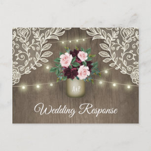 Burgundy Blush Pink Gold Mason Jar Wedding RSVP Invitation Postcard