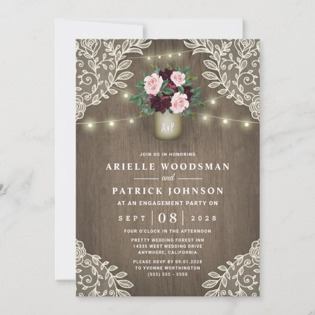 Burgundy Blush Pink Gold Rustic Engagement Party Invitation (Front)