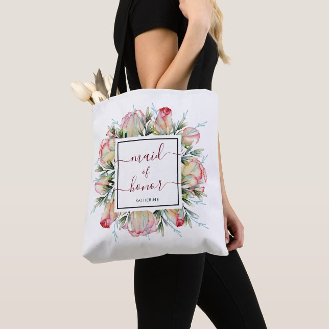 Burgundy Blush Pink Maid of Honour Wedding Tote Bag (Close Up)