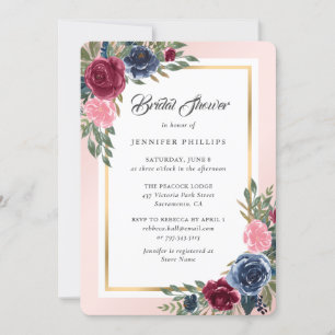 Burgundy Blush Pink Navy Blue Floral Bridal Shower Invitation