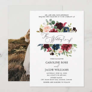 Burgundy Blush Pink Navy Blue Floral Photo Wedding Invitation