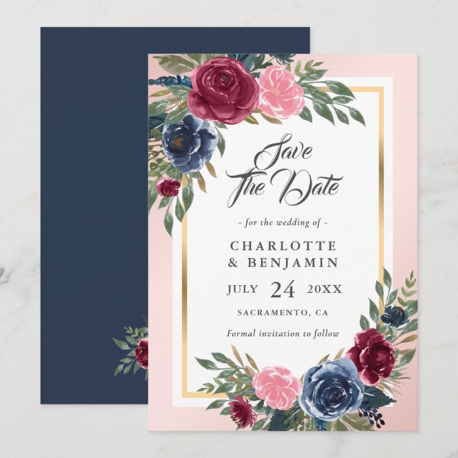 Burgundy Blush Pink Navy Blue Floral Wedding Save The Date (Front/Back)