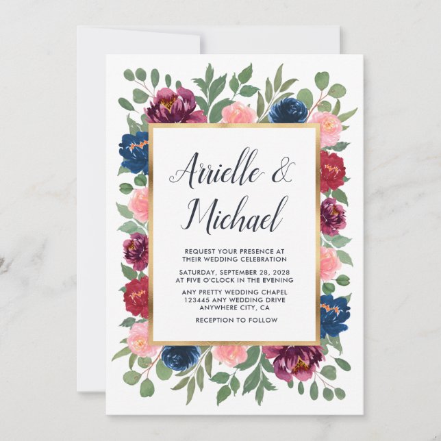 Burgundy Blush Pink Navy Blue Marsala Gold Wedding Invitation (Front)