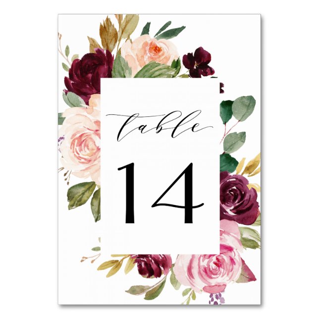 Burgundy Blush Pink Peach Gold Floral Boho Wedding Table Number (Front)