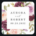 Burgundy Blush Pink Peach Gold Wedding Favour Square Sticker<br><div class="desc">Design features an elegant watercolor bouquet or wreath in shades of burgundy red,  Marsala,  light blush pink,  peach,  and more over greenery elements of eucalyptus and vintage gold leaves.</div>