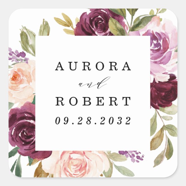 Burgundy Blush Pink Peach Gold Wedding Favour Square Sticker (Front)