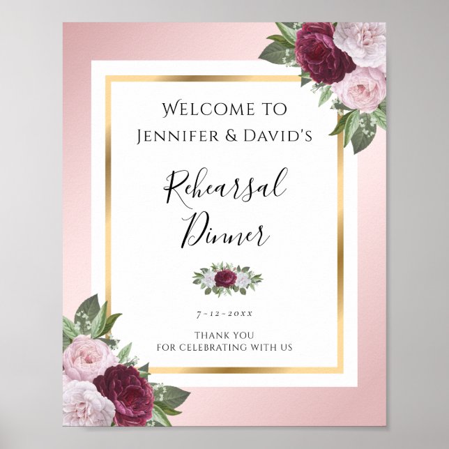 Burgundy Blush Pink Rehearsal Dinner Welcome Sign (Front)