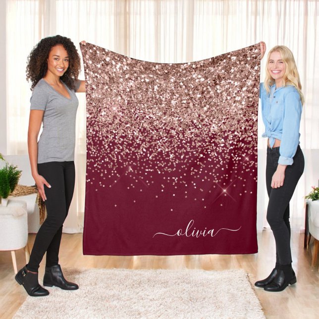 Burgundy Blush Pink Rose Gold Glitter Monogram Fleece Blanket (Creator Uploaded)