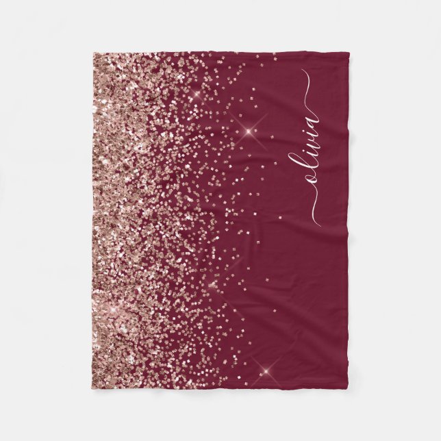 Burgundy Blush Pink Rose Gold Glitter Monogram Fleece Blanket (Front)