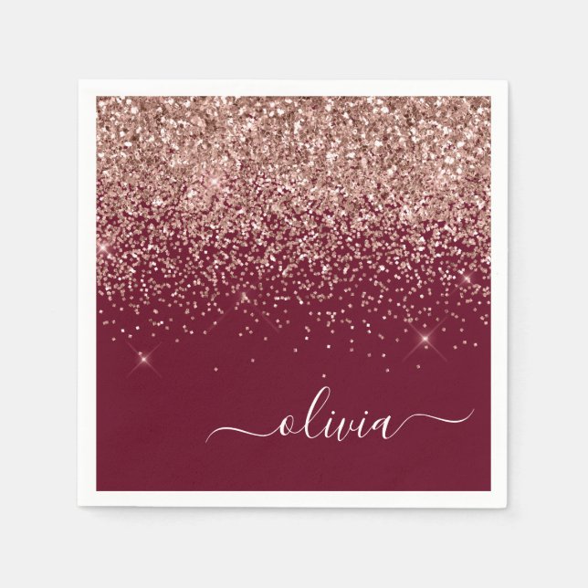 Burgundy Blush Pink Rose Gold Glitter Monogram Napkin (Front)