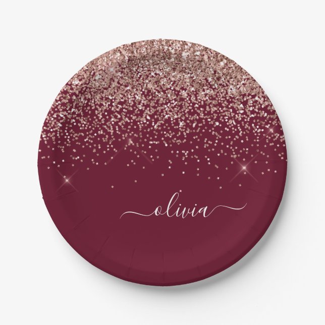 Burgundy Blush Pink Rose Gold Glitter Monogram Paper Plate (Front)