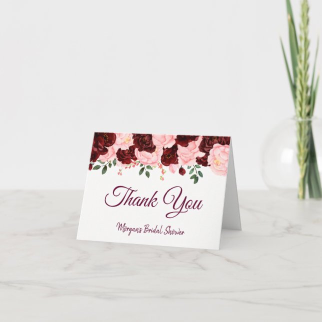 Burgundy Blush Pink Roses Bridal Shower Thank You (Front)