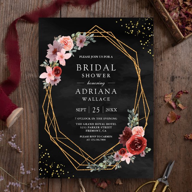 Burgundy Blush Pink Roses Dark Grey Bridal Shower Invitation (Creator Uploaded)