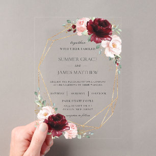 Burgundy Blush Pink Roses Floral Geometric Wedding Acrylic Invitations