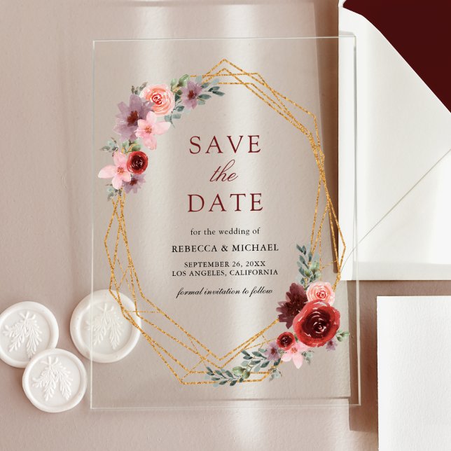 Burgundy Blush Pink Roses Wedding Save the Date Acrylic Invitations (Creator Uploaded)