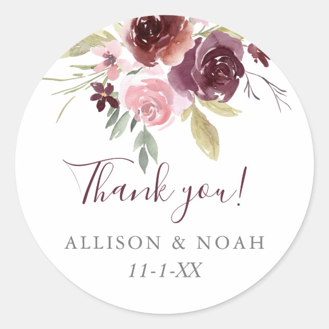burgundy blush pink rustic floral wedding favour classic round sticker (Front)