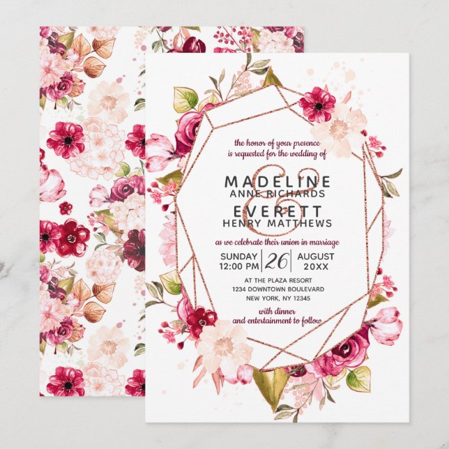 Burgundy Blush Pink Terrarium Wedding Invitations (Front/Back)