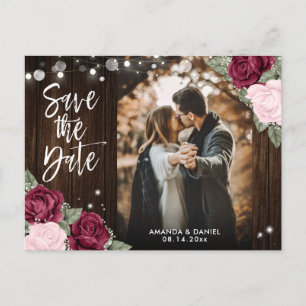 Burgundy Blush Pink Wedding Photo Save The Date Announcement Postcard