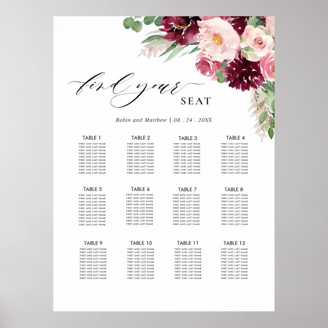 Burgundy Blush Pink Wedding Seating Chart Sign (Front)