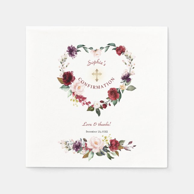 Burgundy Blush Plum Floral Girl Confirmation Napkin (Front)