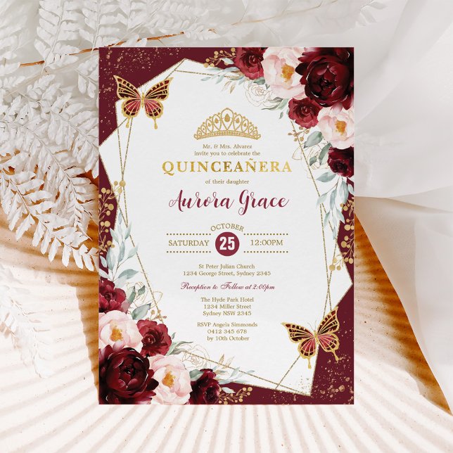 Burgundy Blush Quinceañera Butterflies Mis Quince Invitation (Creator Uploaded)