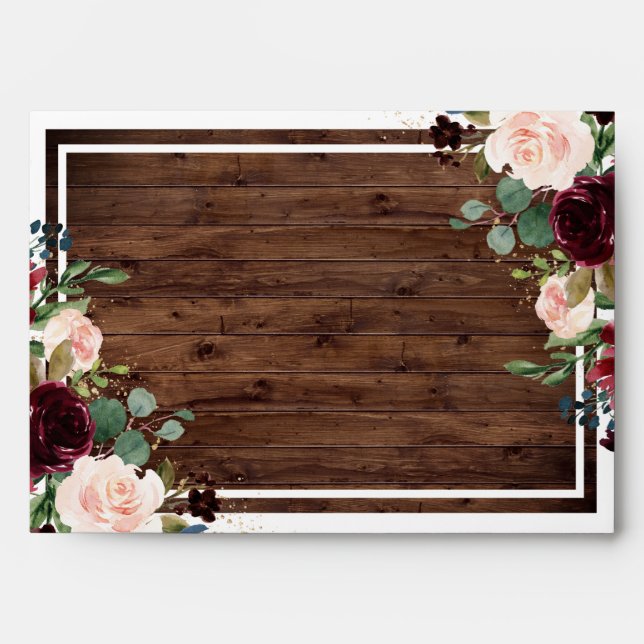 Burgundy & Blush Red Wine Floral Rustic Wedding Envelope (Front)