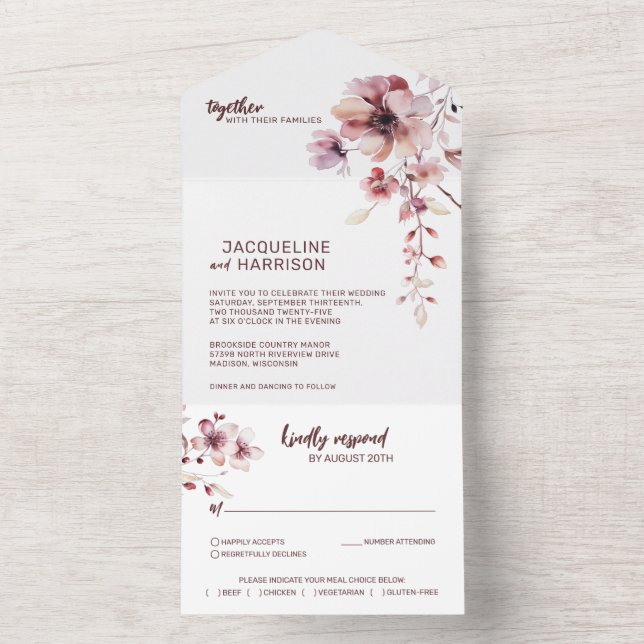 Burgundy & Blush Romantic Floral Wedding All In One Invitation (Inside)