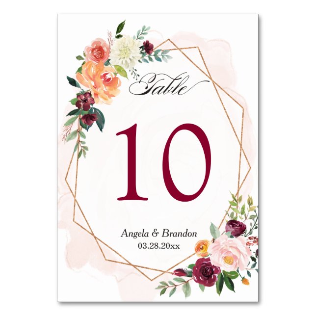 Burgundy Blush rose Floral Mariage Numéro de table (Par défaut)