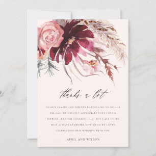 Burgundy Blush Rose Floral Pampas Grass Wedding Thank You Card