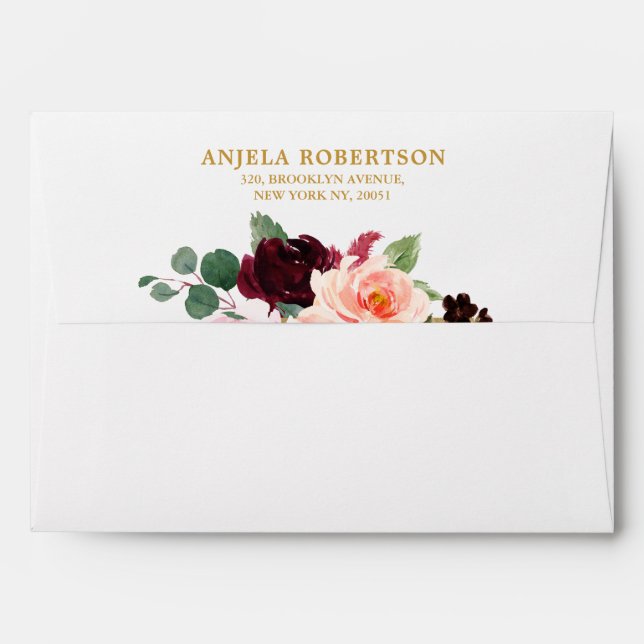 Burgundy Blush Rose Floral Return Address Envelope (Back (Top Flap))