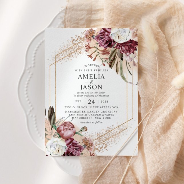 Burgundy, Blush & Rose Gold Elegant Boho Invitatio Invitation (Creator Uploaded)