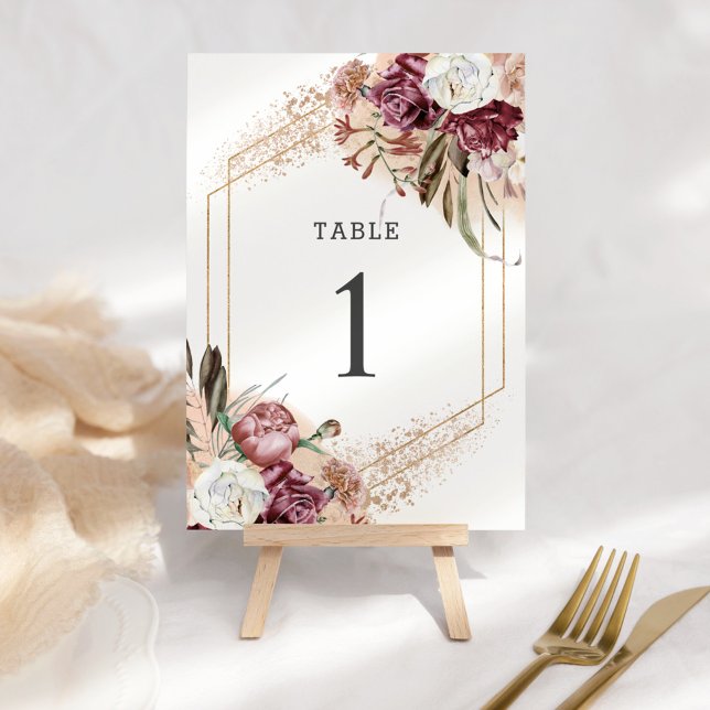 Burgundy, Blush & Rose Gold Elegant Boho Table Number (Creator Uploaded)
