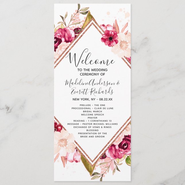 Burgundy Blush Rose Gold Mariage programme de céré (Devant)