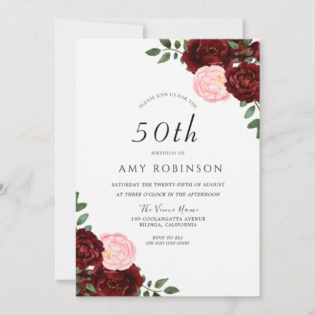 Burgundy Blush Roses 50th Birthday Party Invitation (Front)