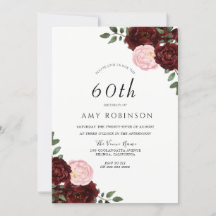 Burgundy Blush Roses 60th Birthday Party Invitation