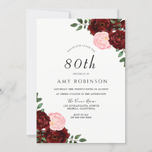 Burgundy Blush Roses 80th Birthday Party Invitation