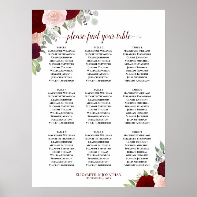 Burgundy Blush Roses 9 Table Wedding Seating Chart (Front)