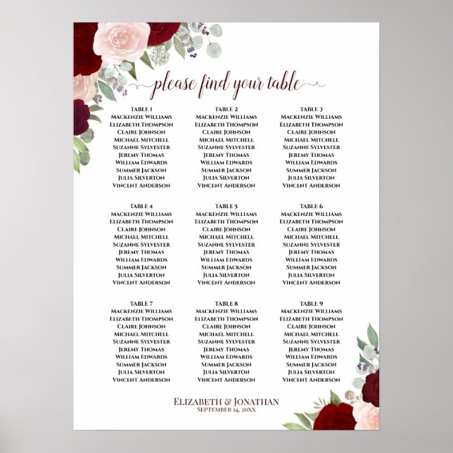 Burgundy Blush Roses 9 Table Wedding Seating Chart (Front)