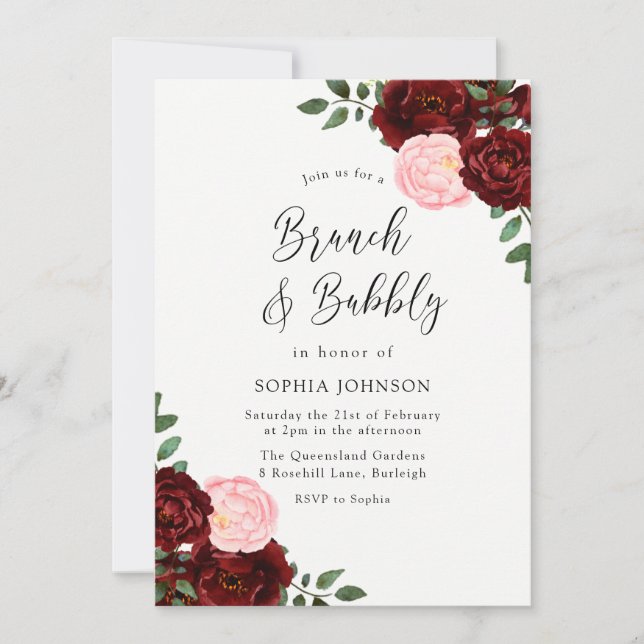 Burgundy Blush Roses Brunch & Bubbly Bridal Shower Invitation (Front)