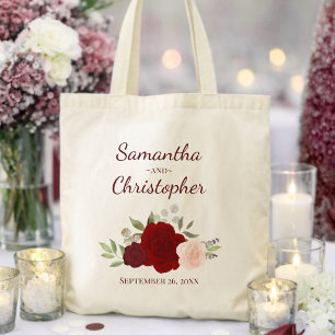 Burgundy & Blush Roses Couple's Names Wedding Tote Bag