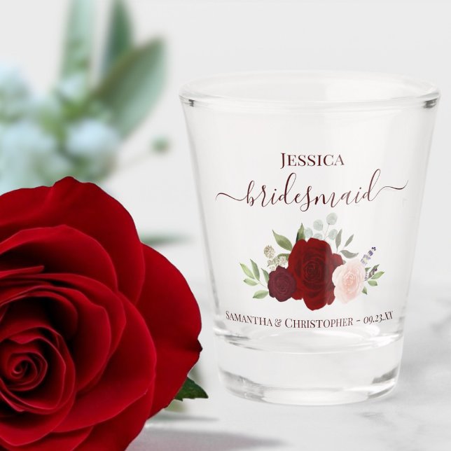 Burgundy Blush Roses Elegant Bridesmaid Wedding Shot Glass (Creator Uploaded)