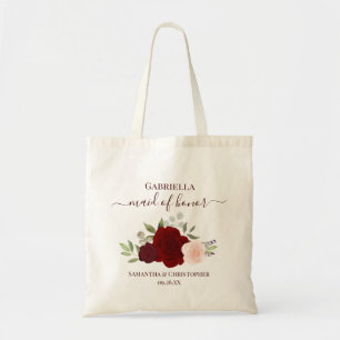 Burgundy Blush Roses Elegant Maid of Honor Wedding Tote Bag
