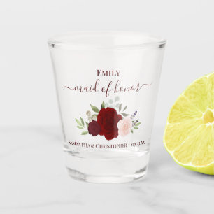 Burgundy Blush Roses Elegant Maid of Honour Weddin Shot Glass