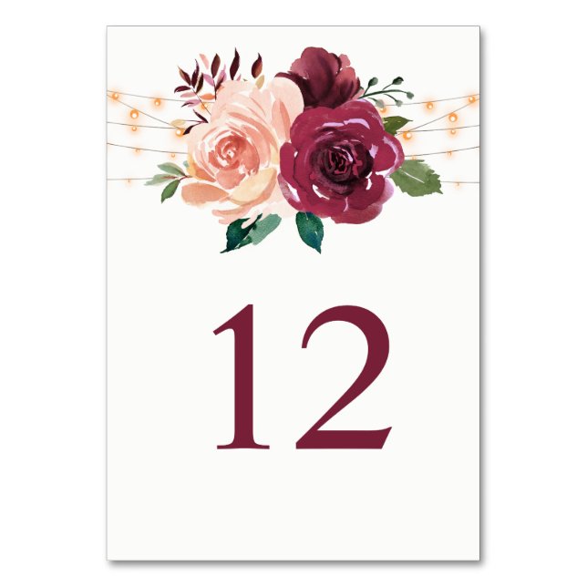 Burgundy Blush Roses Lights Floral Wedding Table Number (Front)
